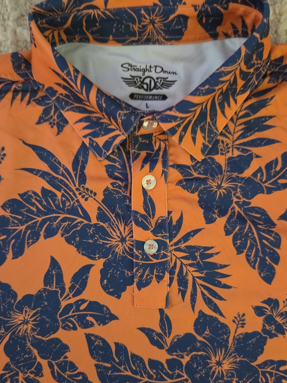 Straight Down Performance Polo Shirt Men's Large L Orange Navy Floral Hibiscus